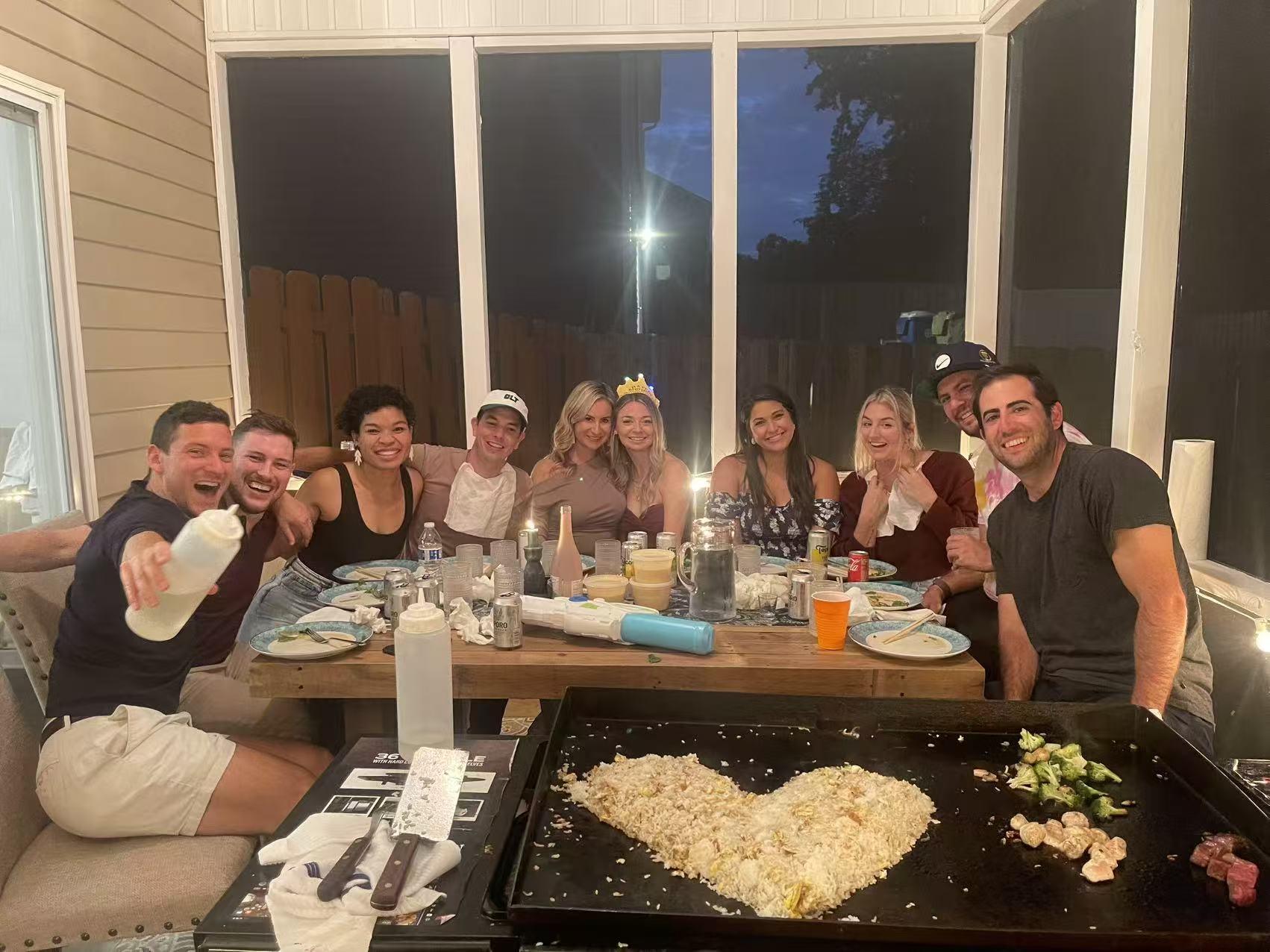 Backyard hibachi party with heart shaped fried rice