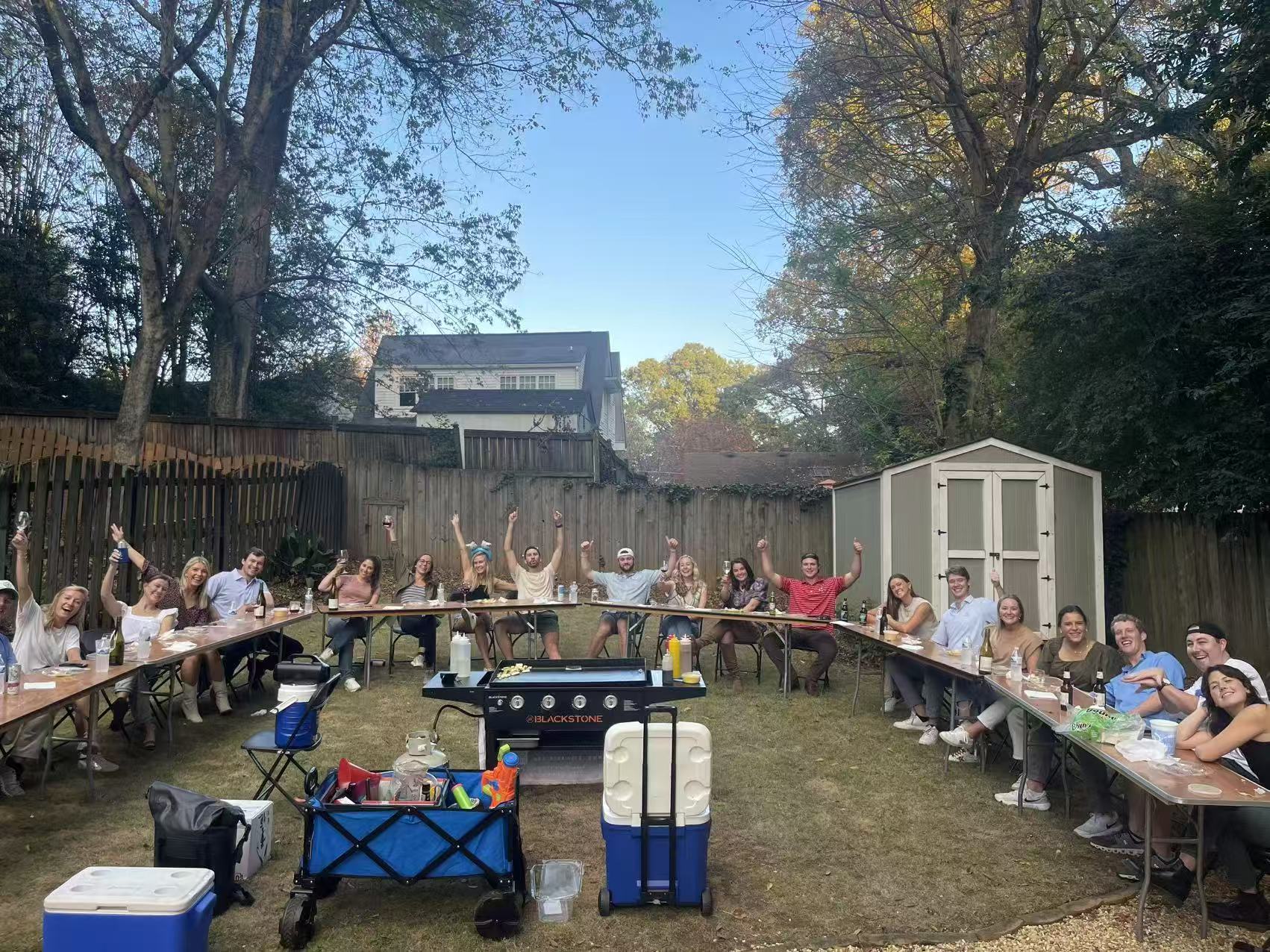 Large backyard hibachi catering setup